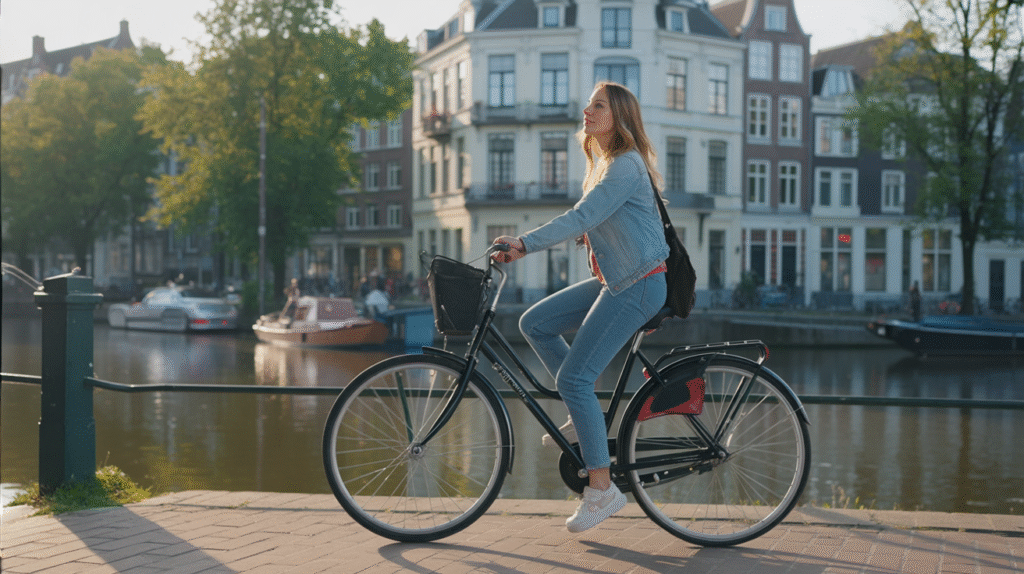 A lively afternoon in Amsterdam, with golden light reflecting off the canals and rows of narrow Dutch houses lining the water. A young woman rides a bicycle along the cobblestone path, blending into the flow of cyclists and pedestrians around her. She wears casual travel clothes — a light jacket, jeans, and sneakers — her hair moving in the breeze as she pedals with ease. Tourists and locals bustle nearby, some walking with cameras, others chatting at canal-side cafés. The atmosphere is vibrant, dynamic, and full of life — freedom in motion, carried by the city’s rhythm.
