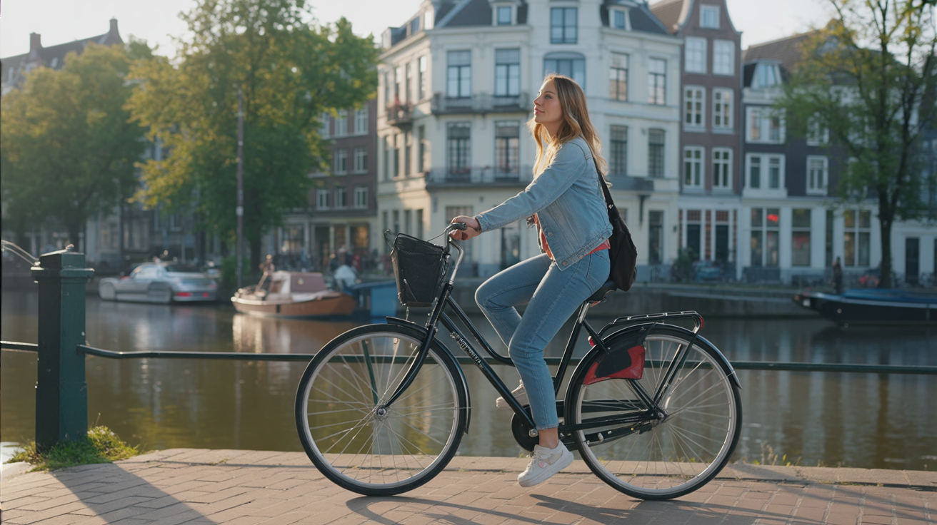 A lively afternoon in Amsterdam, with golden light reflecting off the canals and rows of narrow Dutch houses lining the water. A young woman rides a bicycle along the cobblestone path, blending into the flow of cyclists and pedestrians around her. She wears casual travel clothes — a light jacket, jeans, and sneakers — her hair moving in the breeze as she pedals with ease. Tourists and locals bustle nearby, some walking with cameras, others chatting at canal-side cafés. The atmosphere is vibrant, dynamic, and full of life — freedom in motion, carried by the city’s rhythm.