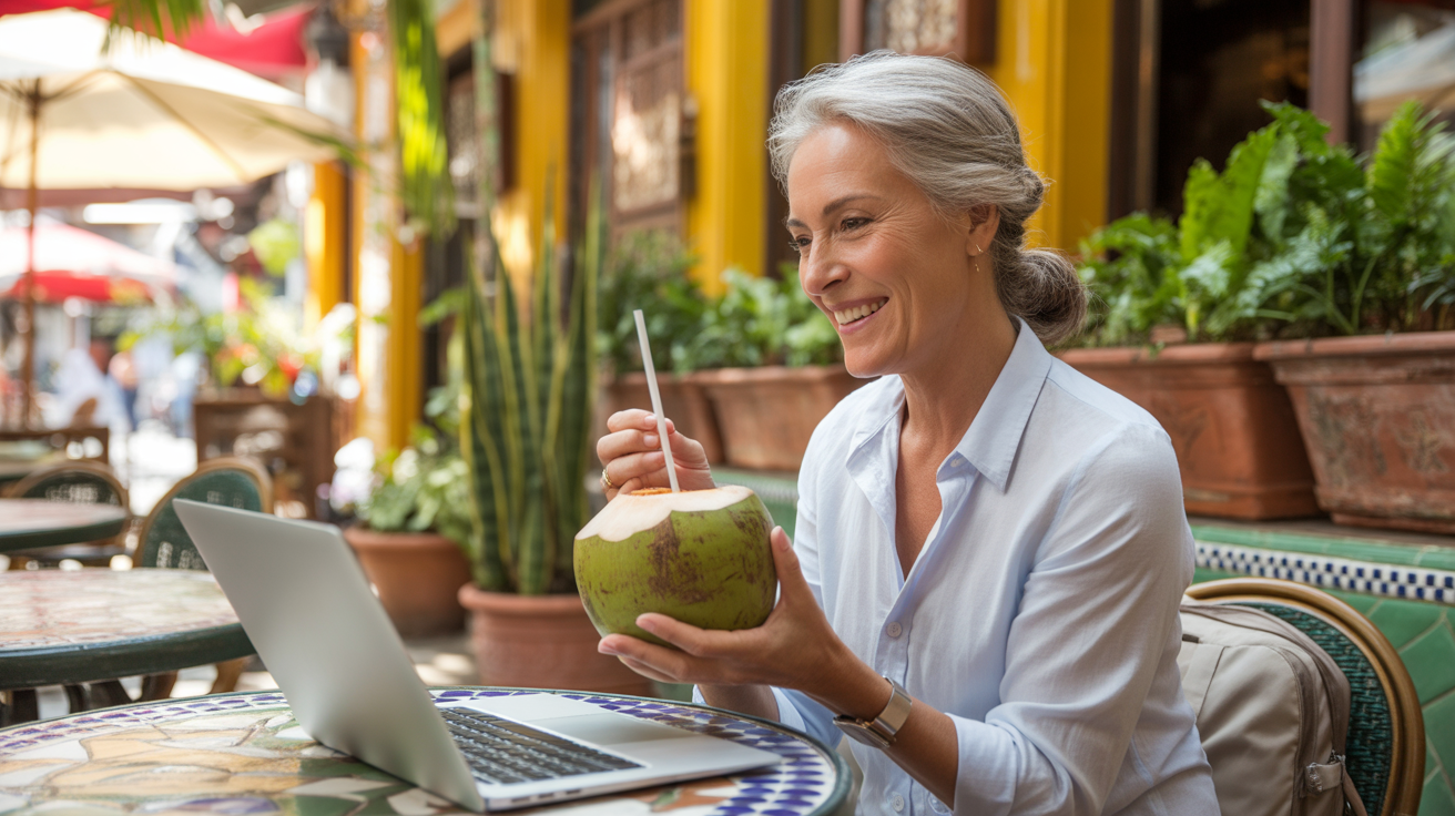 An older woman in her early 60s sits at an outdoor café in a tropical town, her silver hair tied back loosely. She wears a flowy cotton blouse and linen pants, sandals kicked off under the table. In front of her is a laptop open to a video call, where she smiles warmly while holding a fresh coconut with a straw. Around her, the café is filled with plants, colorful tiles, and the hum of local life. A small travel backpack rests by her chair. The atmosphere is vibrant, free, and inspiring — showing that adventure and reinvention are possible at any age.