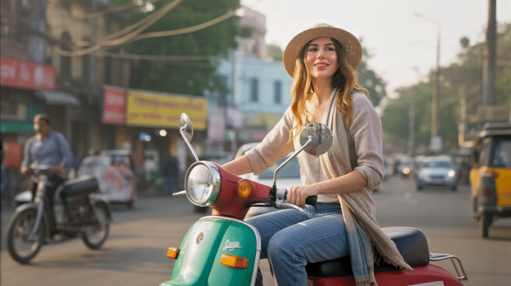 A bustling street in Mumbai, India, alive with color and motion. A young woman rides a scooter through the crowded road, weaving past rickshaws, fruit vendors, and pedestrians. She wears a light scarf fluttering in the wind, sunglasses, and a simple kurta over jeans. The scooter is small and slightly worn, painted in bright pastel tones. Around her, vibrant shopfronts glow in the golden late-afternoon light, while tangled wires and colorful billboards crowd the skyline. The mood is energetic, chaotic, and full of life; the pulse of the city captured in a single moment.