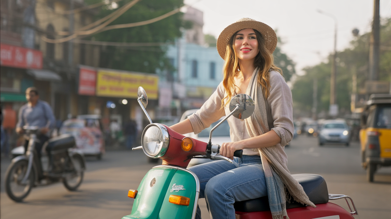 A bustling street in Mumbai, India, alive with color and motion. A young woman rides a scooter through the crowded road, weaving past rickshaws, fruit vendors, and pedestrians. She wears a light scarf fluttering in the wind, sunglasses, and a simple kurta over jeans. The scooter is small and slightly worn, painted in bright pastel tones. Around her, vibrant shopfronts glow in the golden late-afternoon light, while tangled wires and colorful billboards crowd the skyline. The mood is energetic, chaotic, and full of life; the pulse of the city captured in a single moment.