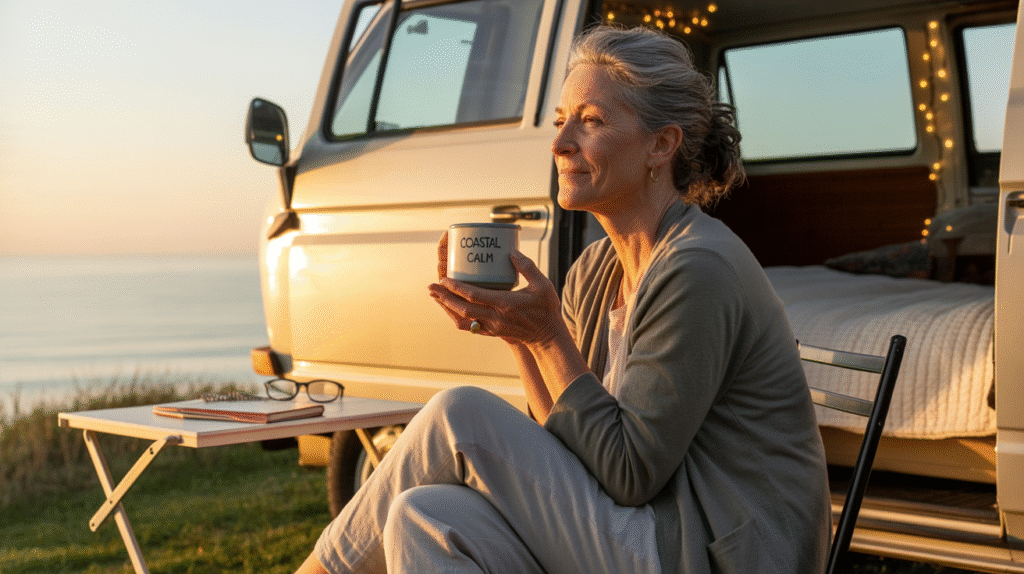 An older woman in her late 50s sits outside a camper van parked near the sea, sipping tea from a ceramic mug as she watches the sunset. She wears comfortable travel clothes — linen pants, a light cardigan, and sandals — her gray-streaked hair tied back loosely. A journal and reading glasses rest on the small fold-out table beside her, while the open van behind shows cozy bedding and string lights. The atmosphere is calm, fulfilling, and free — the joy of embracing nomadic life in retirement.