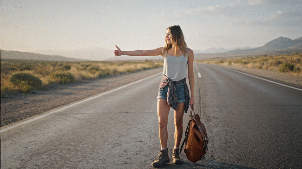 A long stretch of desert highway in the American Southwest, glowing under late afternoon sun. A young woman in her late 20s stands in the middle of the empty road with her thumb out, asking for a ride. She wears sun-worn denim shorts, a loose white tank top, and a faded flannel tied at her waist. A leather backpack rests at her feet, dust swirling around her boots. Her hair is tousled from the wind, and in the distance, the road disappears into hazy mountains. The mood is cinematic and wild, capturing the raw freedom and vulnerability of hitchhiking.