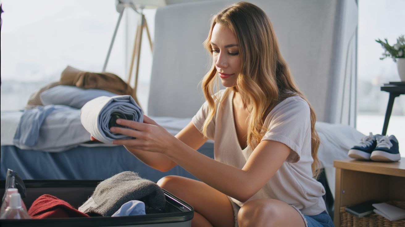 A cozy travel room with a half-open suitcase on the bed, clothes neatly folded and small packing cubes arranged inside. A young woman kneels beside the bed, carefully rolling a shirt to fit more efficiently. She wears casual travel clothes — a simple t-shirt and shorts — her hair tied back. Around her are travel essentials: a pair of sneakers by the bed, a toiletry bag, and a passport resting on the nightstand. The atmosphere is calm, practical, and organized — showing the ease and confidence of smart packing.